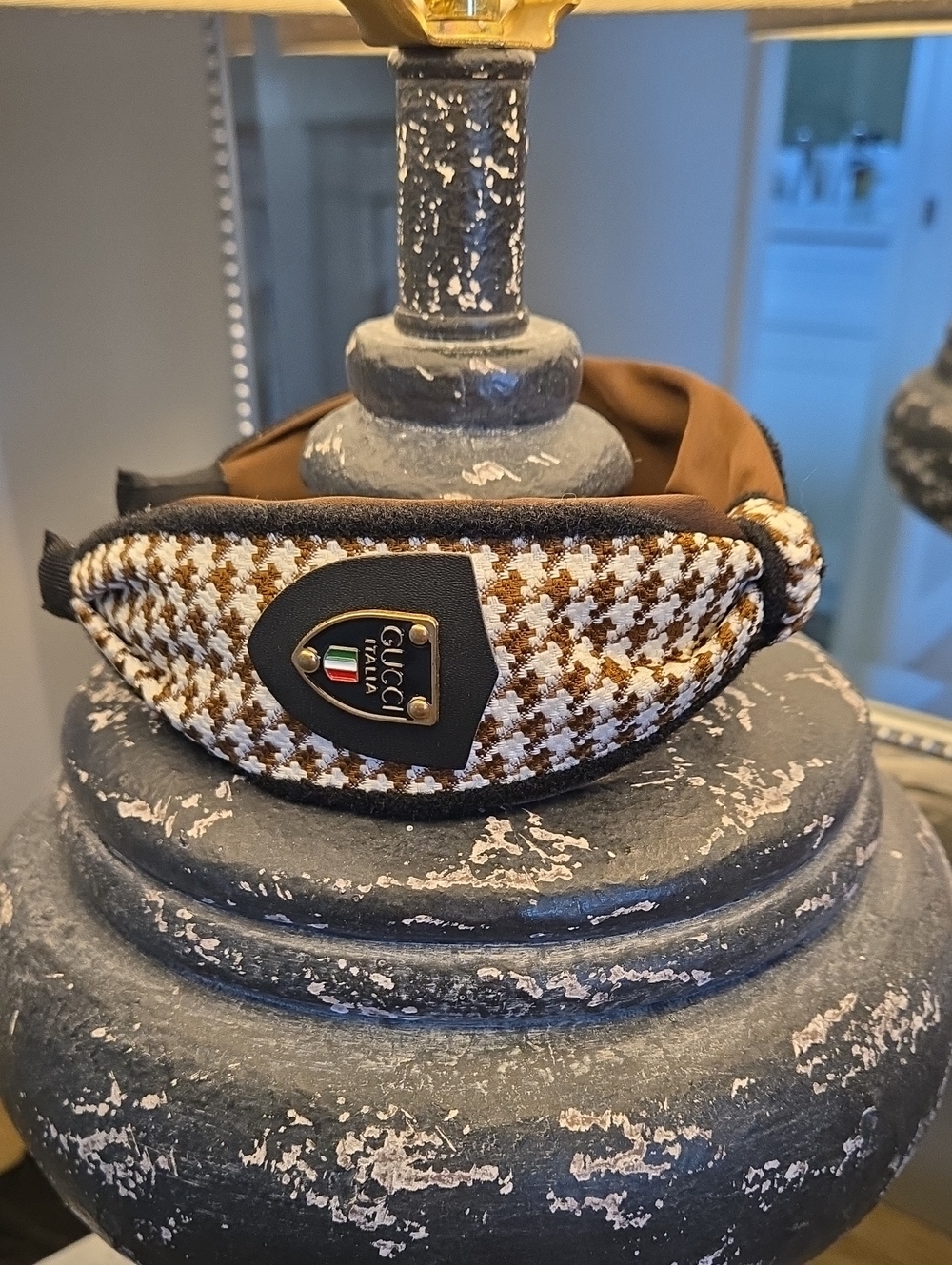 New Embellished Brown and Cream Houndstooth Headband Turban with Logo Plaque